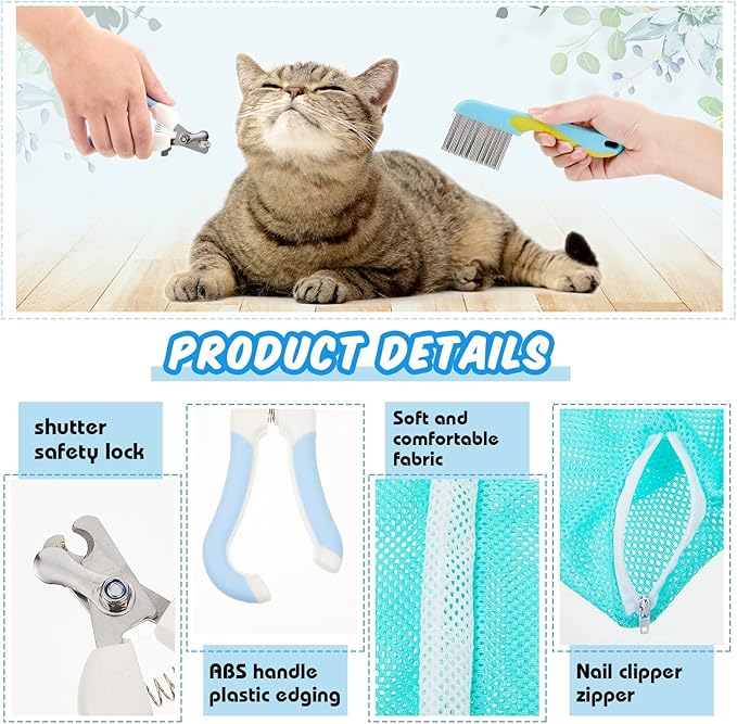 8 Pcs Cat Muzzle Set with Adjustable Cat Bathing Bag Breathable Clear Muzzle Pet Grooming Brush Tick Remover Tool Nail Clipper Nail File for Dog, Bunny Cleaning Trimming(M Size,Blue)