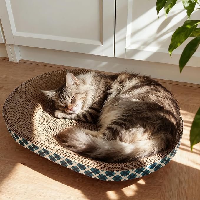 Cat Scratcher Bed with Toys, 2 Pack Oval Cat Scratcher Cardboard, Indoor Cat Scratch Bowl, Large Pad Cat Scratching Board with Catnip Fish Toy & Feather Wand for Furniture Protector