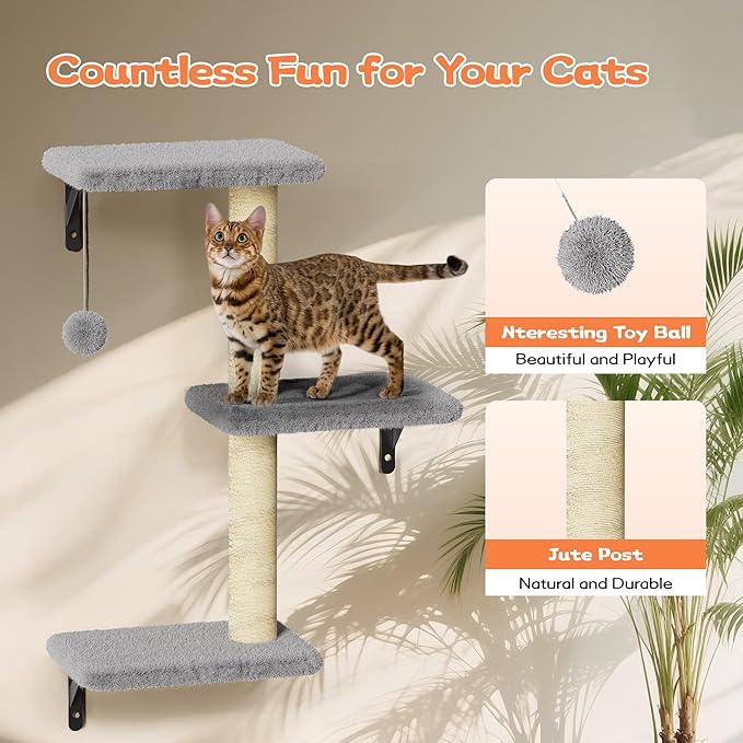 6-in-1 Wall Mounted Cat Climber Set for Heavy Cats，Wall Shelves,Stable & Safe Cat Furniture Set for Large Cats, Wooden Climbing Wall with Scratching Post (Gray)