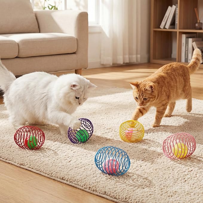Jecery 5 Pcs Cat Spring Toys Stretchable Rolling Balls Colorful Playful Coils Interactive Action Toy Caged Rats for Kitten Pet Supplies (Bell Ball,Multicolor)