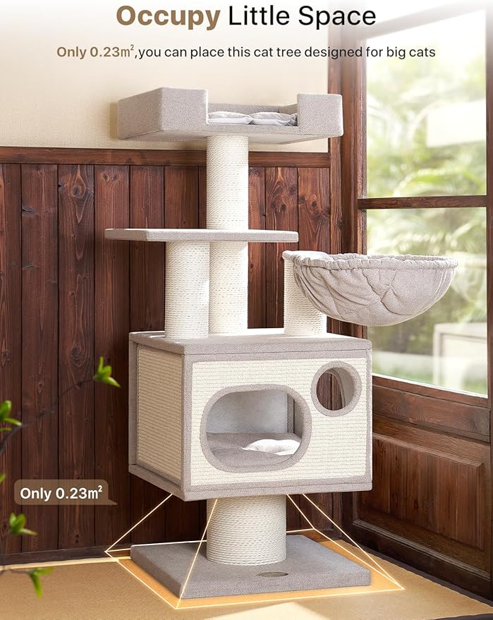 Sopapets Maine Coon Cat Tree Tower for Indoor Cats Large Adult,44.5 Inch Tall Unique Modern Cat Tree with Hammock,Sisal Scratching Post,Big Condo,Perch,Bed,Heavy Duty Luxury Sturdy Cat House,Furniture
