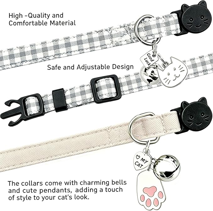 2 Pack Cotton Breakaway Cat Collars with Bell and Charms Beige Solid Plaid Safety Collars for Girl Boy Cats, Cat Head and Paw Pendant Cute Kitten Collars
