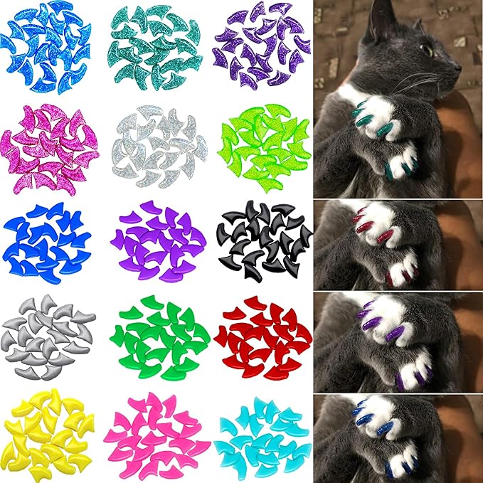 VICTHY 160pcs(16 Colors) Cat Nail Caps Cat Claw Caps Cat Nail Covers with Adhesives and Applicators (Large)