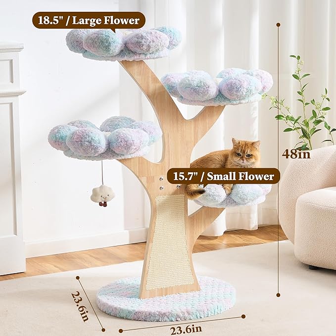 Aesthetic Flower Cat Tree Tower with Scratching Post for Indoor Cats, 48" Modern Cat Tree with Wood Sculpted Branch, Flower Cat Beds, Scratching Board & Interactive Squeaky Toy, Dreamy Blue