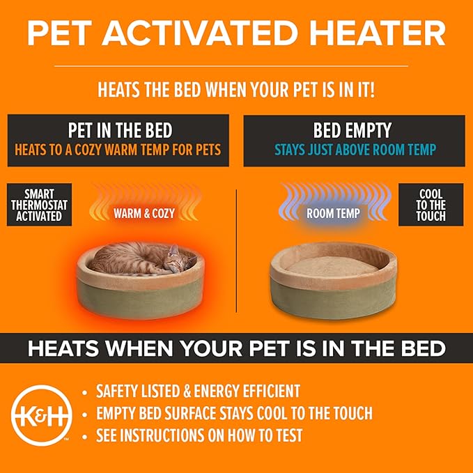K&H Pet Products Heated Cat Bed for Indoor Cats, Dogs, and Pets - Round Walled Thermo-Kitty Bed with Removable Waterproof Cat Heating Pad, Machine Washable, MET Safety Listed - Small 16" Sage