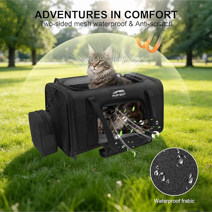 Soft Sided Cat Carrier Airline Approved up to 15lbs, 17x11x9.5 Inch Ventilated Pet Travel Bag with Foldable Litter Box & Storage, Portable Cat Transport Carrier for Flights Car Vet Black