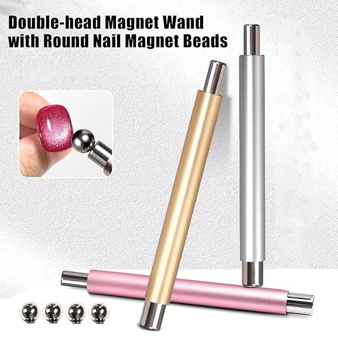 MEILINDS Cat Eye Magnet for Nails, Double-head Magnet Wand with Round Nail Magnet Beads Nail Polish Magnet Pen Magnetic Cat Eye Gel Polish Nail Design Tool for Home DIY, Salon, Rose Gold