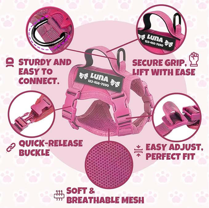 Custom Pink Tactical Cat Harness and Leash Escape Proof Adjustable Vest with Reflective Strips and Personalized Patch Soft Breathable Outdoor Gear for Walking Training Fits Cats 7-12 lbs