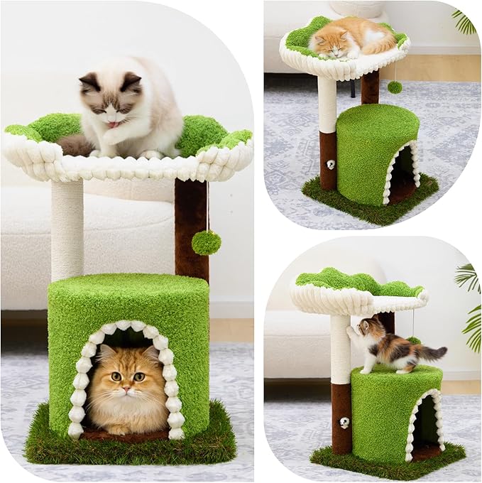 Woochpet Multi-Level Cat Tree with Sisal Scratching Post, Small Cat Tower with Cozy Condo, Soft Top Perch and Interactive Toy Mouse, Cute Forest Design Cat Furniture for Indoor Cats and Kittens