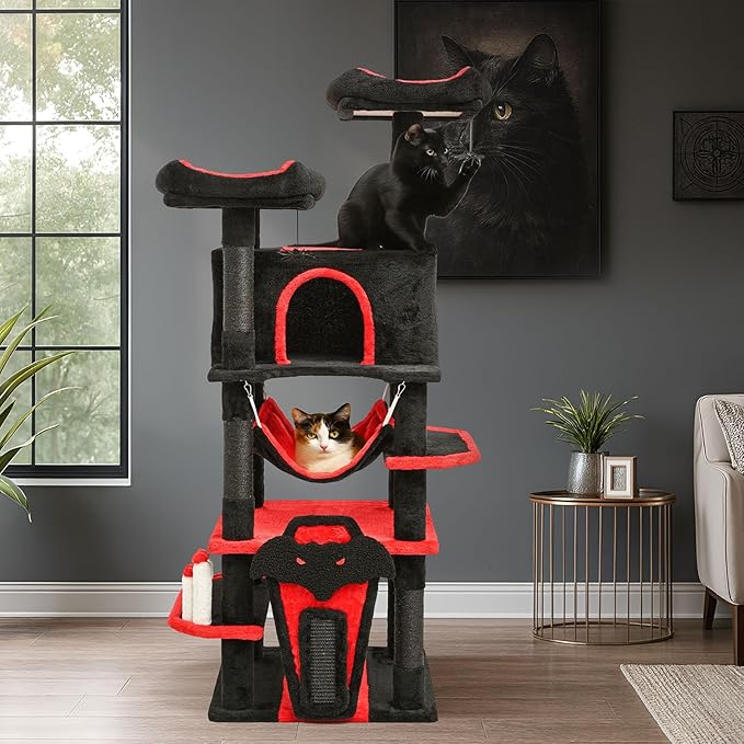 BYBYME Gothic Cat Tree for Halloween, 62in Tall Sturdy Furniture Set with Bed House, Hanging Toy, Scratching Board Sisal-Covered Posts, Multifunctional Cat Play Tower with Hammock（Black Red）