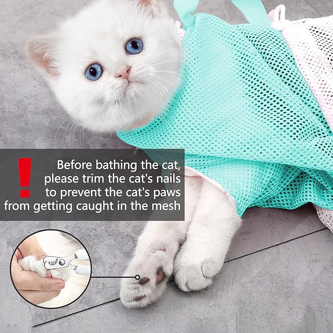 Cat Bathing Grooming Bag - Anti Bite & Anti Scratch Adjustable Pet Restraint for Bathing, Nail Trimming, Medicine, Injection - Secure & Calming with Adjustable Straps & Zippers (Green)