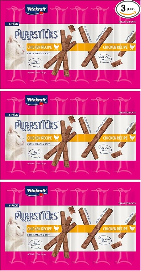 Vitakraft PurrSticks Cat Sticks, Chicken, 18 Sticks | Breakable Meatstick | Tender Texture | Pack of 3