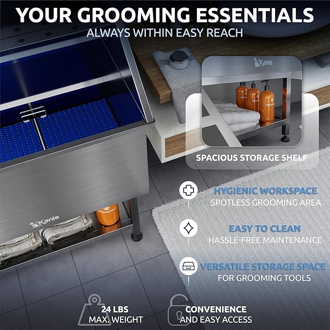 KANIS Professional Dog Washing Station 304 Stainless Steel Pet Wash Sink & Grooming Bathtub w/Shower, Floor Grates and Storage for Large, Medium & Small Pets (Silver, 61 Inches, Left Ramp, Shelf)