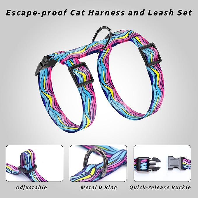 Seyezo Cat Harness and Leash Set, Adjustable Kitten Harness Escape Proof Cats Harness, Soft Lightweight Walking Travel Pet Harness, Cute Kitty Harness Leash Set for Small Medium Cats, Colourful Waves