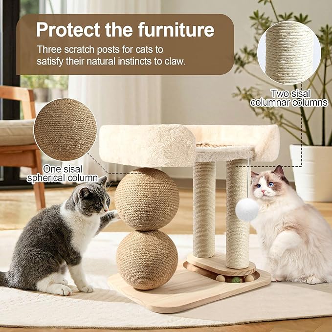 Small Cat Tree for Indoor Cats, Cat Tree Tower with Sisal Cat Scratcher, 5 in 1 Cat Tower with Playful Toy Ball, Cat Scratching Post with Bed for Kitten and Cats