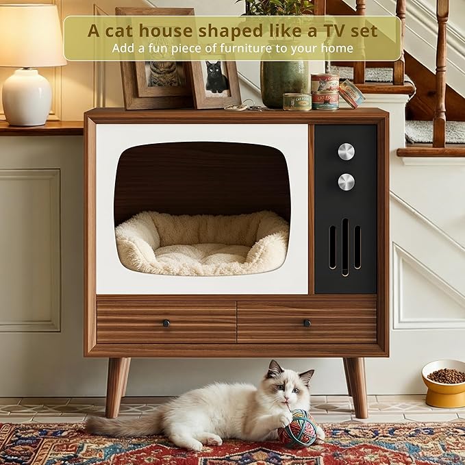 IRONCK TV-Shaped Cat House for Indoor – Vintage Wooden Cat Condo with Drawers, 2-in-1 Side Table & Nightstand for Living Room, Walnut