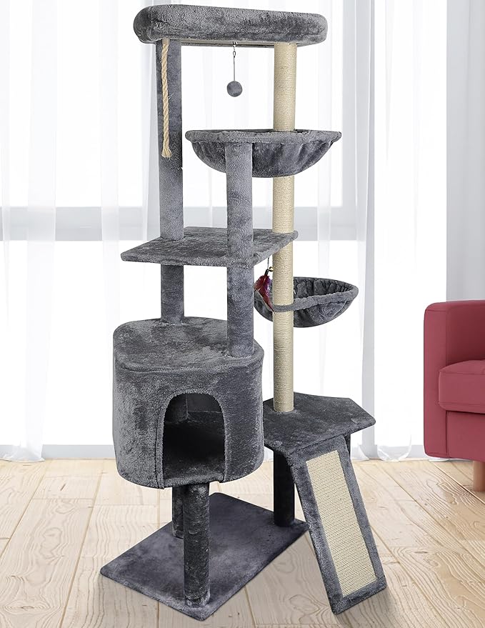 Wang Xin Four Layer Big Cat Tree with Huge Cat Condo and Two Hammocks Scratch Pad,Grey