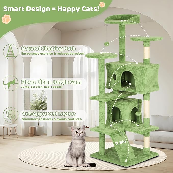 54" Cat Tree for Indoor Cats - Multi-Level Cat Tower with Scratching Posts, Jumping Platforms, Spacious Condo, Cat Bed Cave & Hidden Spaces - Durable Cat Furniture - Green