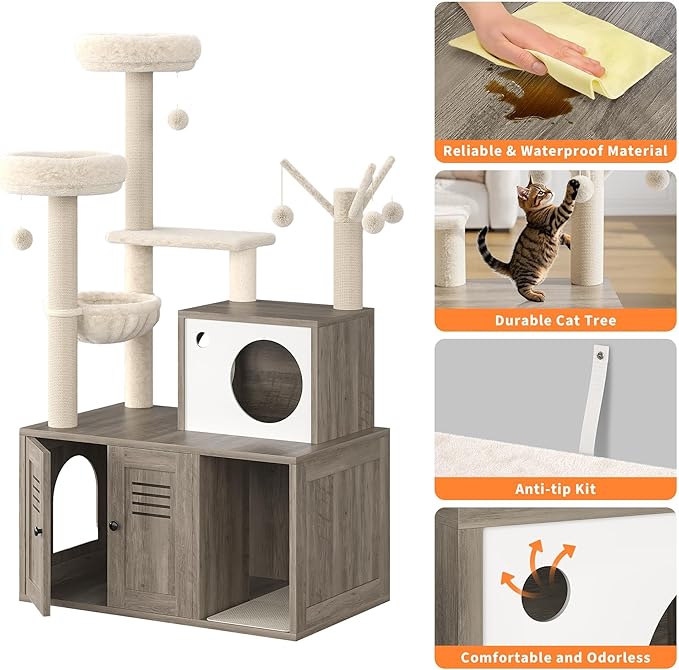 Furniture Style Cat Tree Tower & Hidden Litter Box Cabinet Combo – Multi-Level Cat House with Sisal Scratching Posts, Perch & Luxury Hammock