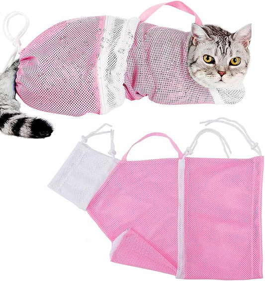 Adjustable Cat Bathing Bag, Puppy Dog Pet Cleaning Shower Net Bag, Anti-bite & Anti-Scratch Cat Bath Washing Restraint Bag, Breathable Mesh Cat Grooming Bag (Pink)