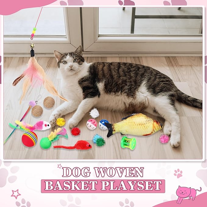 Zopeal 76 Pcs Graduation Cat Storage Basket Gift Toys Set Interactive Cat Toys Kitten Wand Colorful Flashing Balls Pet Crinkle Balls Attract Kitten to Swat, Hunt for Pet Indoor(Pink)
