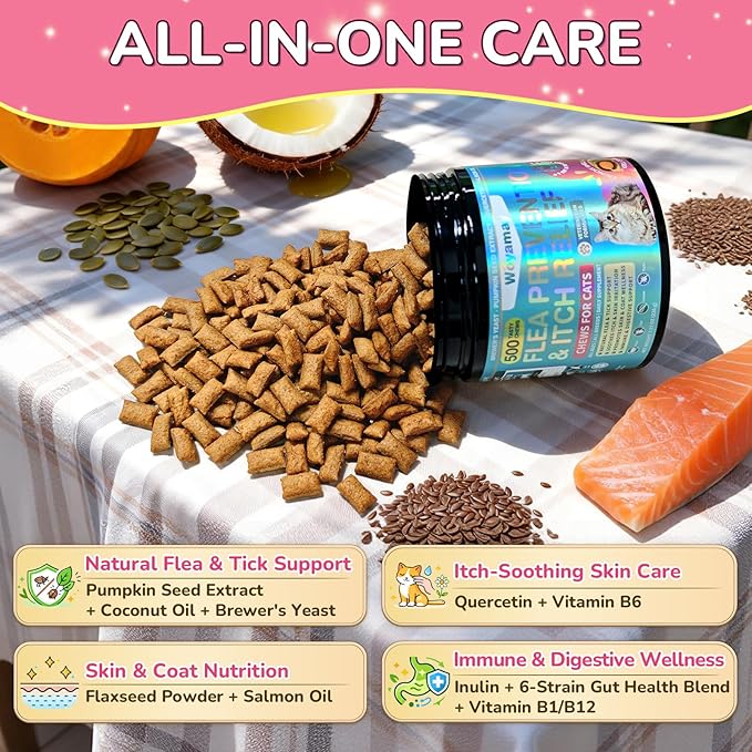 Woyamay Flea Treatment for Cats & Itch Relief Chews, 500 Crunchy Cat Flea Treatment Chews, Cat Itchy Skin Relief, Cat Itching Relief & Skin Care, Flea Prevention for Cats, Chicken Flavor