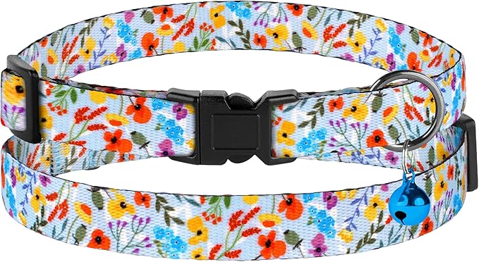 2 Pack Cat Collars with Bell - Breakaway Soft Collar for Girl & Boy Cats, Adjustable Safety Cute Kitten Collars – Comfortable Stylish Patterned Print Design Lightweight (Floral + Striped)