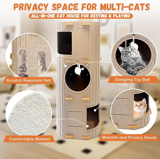 Homegroove Cat House for Indoor Cats, 3-Storey Cozy Felt Cat Bed Cave with Tunnel Hideaway, Large Multi-Cat Condo for Rest & Play (Camel, X Large)