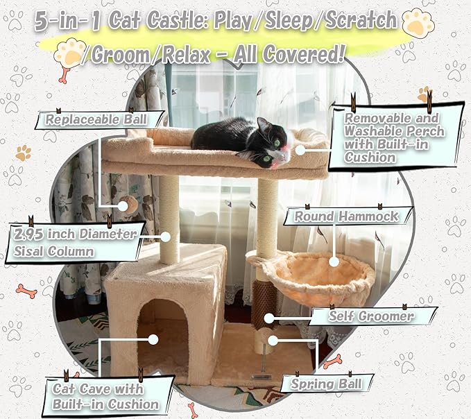 28.4" Small Cat Tree Tower,Cat Scratching Post for Indoor Cats,Featuring with Cat Cave & Cozy Perch,Cat Self Groomer and Interactive Dangling Ball Great for Kittens/Cats (Beige, Large)