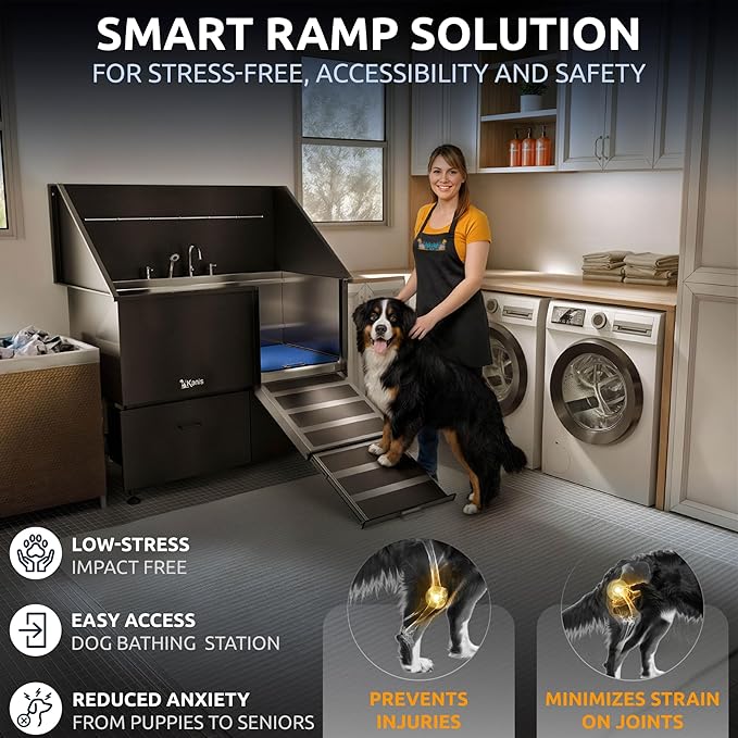 KANIS Professional Dog Washing Station 304 Stainless Steel Pet Wash Sink & Grooming Bathtub w/Shower, Floor Grates and Storage for Large, Medium & Small Pets (Black, 50 Inches, Right Ramp, 2 Drawers)