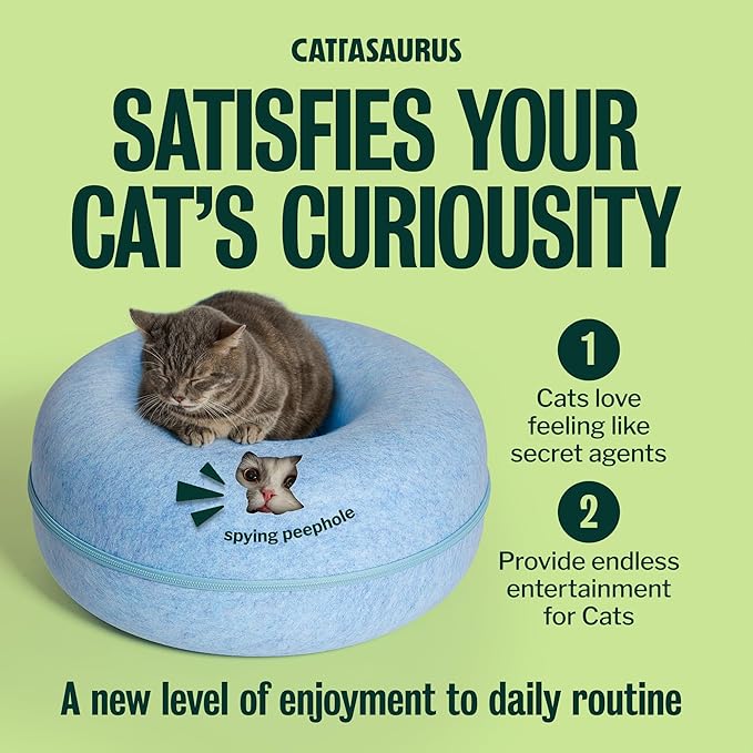 Cattasaurus Peekaboo Cat Cave Donut for Multiple & Large Cats up to 30-45 lbs, 3-in-1 Self Warming Cat Bed, Tunnel & Scratcher for Indoor Cats, Washable & Detachable Small Dog Bed (Blue, Large)