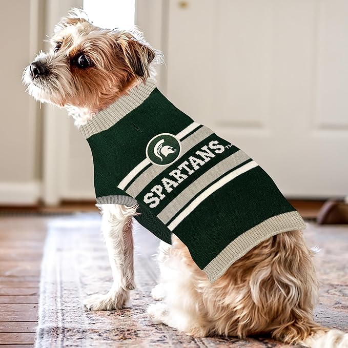 NCAA Michigan State Spartans Dog Sweater, Size Large. Warm and Cozy Knit Pet Sweater with NCAA Team Logo, Best Puppy Sweater for Large and Small Dogs