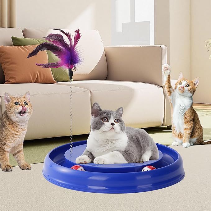Interactive Cat Ball Track Toy Cat Scratcher with 2 Self-Rotating Balls and 1 Kitten Interactive Toy,Durable Scratch Pad for Indoor Play,Cardboard Scratcher Pad 3-in-1 Cat Toy (Purple)