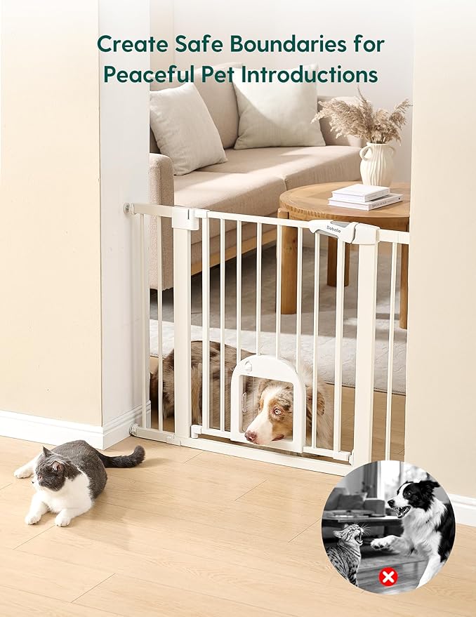 Babelio 36" Tall Upgraded Baby Gate with Cat Door, 29-43" Auto Close Durable Dog Gate for Stairs, Doorways and House, Easy Walk Thru Safety Gate with Pet Door Includes 4 Wall Cups, White