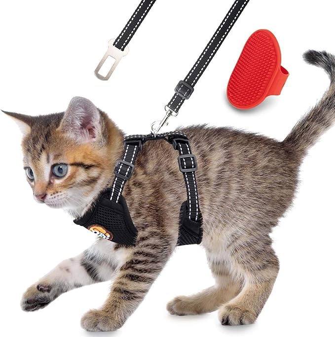 AWOOF Reflective Kitten Harness and Leash Escape Proof with Car Seat Belt, Adjustable Cat Puppy Walking Jacket with Metal Leash Ring