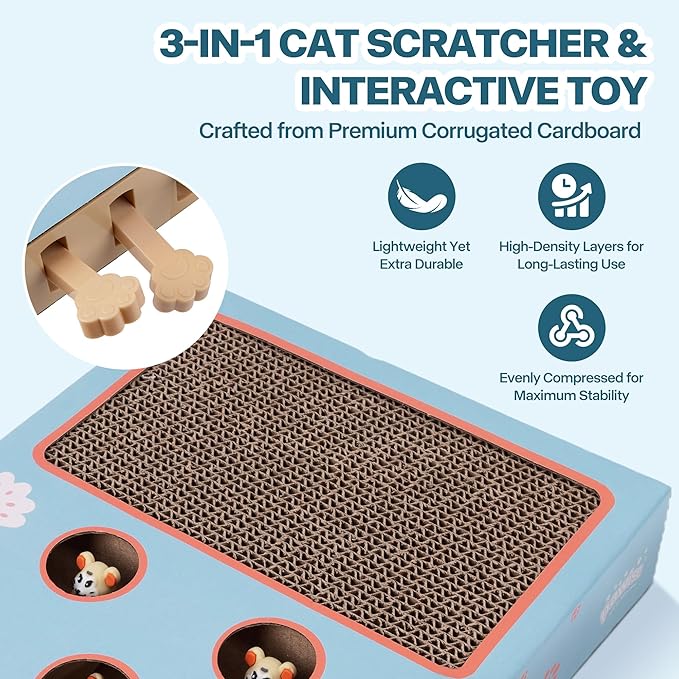 PAWISE Interactive Cat Scratcher Toy - 3-in-1 Cardboard Cat Scratching Board & Interactive Puzzle Toy Box for Indoor Cats, Nail File Scratch Pad with Pop-up Mice, Cat Enrichment Toy for Kitten