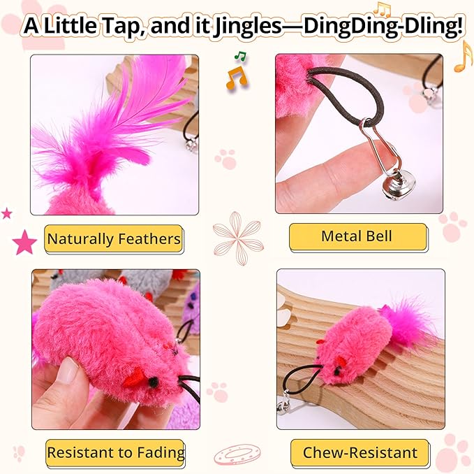 Cat Toy Refill, 2 Pack Mouse Toy with Feather Tail and Bell for Cat Wand Toy Accessories Cat Toy Attachments Replacements, 4.72” Realistic Size Mice Toy for Bored Indoor Adult Cat Self Play