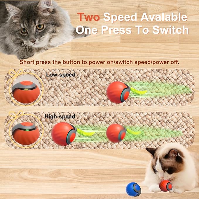 Interactive Cat Ball for Indoor Cats - Dual-Speed Automatic Rolling Ball Toy with 90Min Run Time, Plush + Feather Tails, Energetic Cat Chase Exercise, Blue/Orange, 1PC