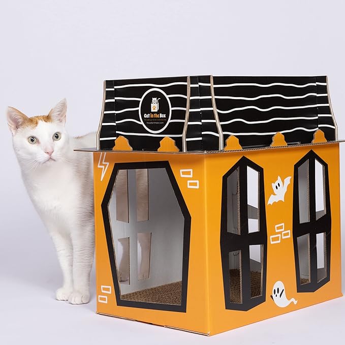 Spooky Cat Haunted House – Halloween Mansion Playhouse for Cats, Kittens, Rabbits & Bunny. Cardboard Box House Condo Cave Furniture Bed Includes Cat Scratcher