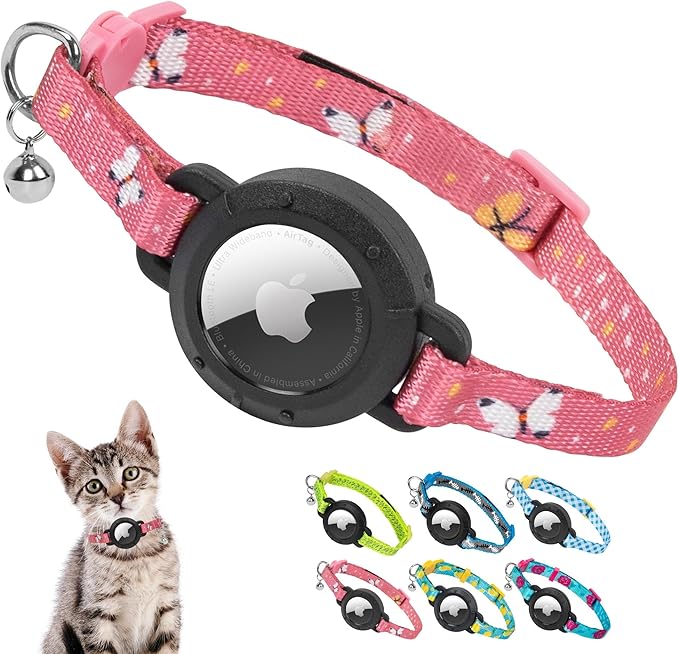 azuza AirTag Cat Collar Breakaway, Integrated Cat Collar with Air Tag Holder and Bell, Safety Lightweight Cat Tracker Collars for Kittens, Pink Butterfly, Kittens (7"-9")