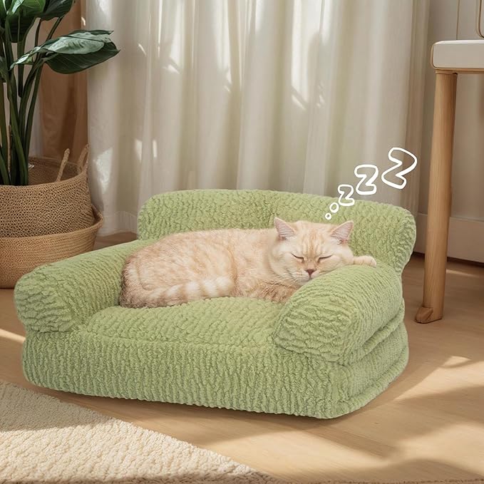 KHONSU PET Cat Couch Bed - Plush Fluffy Cat Sofa for Indoor Cats, Orthopedic Kitten Lounge Chair with Removable Washable Cover, Supportive Pet Couch, 24 inch, Green