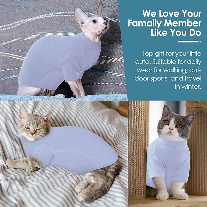 Turtleneck Sweater for Cat, Sphynx Cats Shirt Hairless Cat Sweaters with Sleeves, Warm and Soft Kitten Pullover Fleece Winter Pajamas Jumpsuit for Puppy Cats, Blue XL