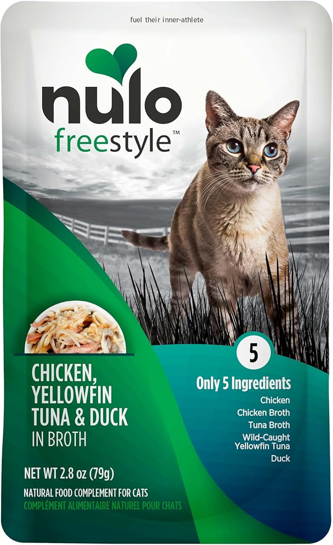 Nulo Freestyle Cat & Kitten Wet Cat Food - Chicken, Tuna & Duck in Broth, Grain-Free, High Protein Soft Food Topper Treat, 2.8oz Pouches (Pack of 24)