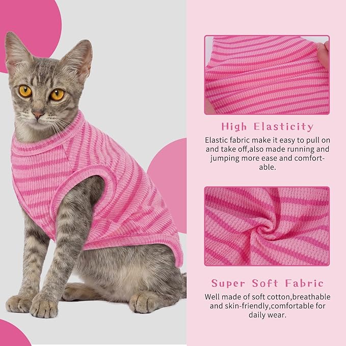 BRKURLEG Knit Cat Shirt, Sleeveless Pet Vest for Sphynx Cats and Small Dogs, Soft Pullover Spring Summer Apparel, Breathable T-Shirts with Round Collar (Rose Pink Stripes, L)
