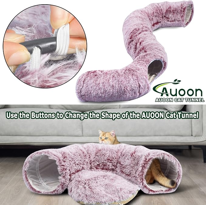 AUOON Cat Tunnel Bed for Indoor Cats - Large Cat Donut Tunnel with Hanging Ball Toy, Collapsible 2-in-1 Multifunctional Interactive Cat Toy for Kitten, Puppy, Rabbit, Ferret (Rosiness)