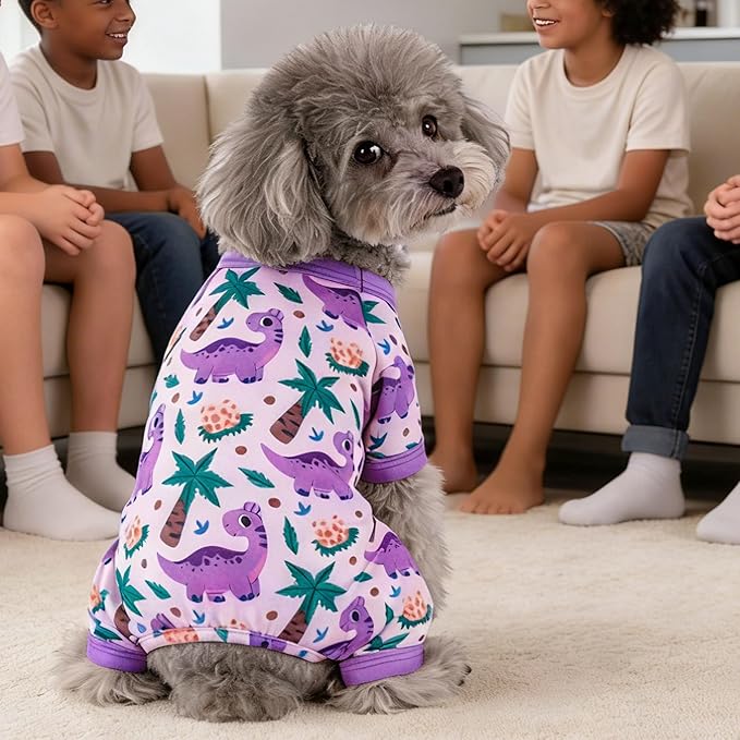 Dog Summer Pajamas Onesie Soft Breathable Puppy Jumpsuit Lightweight Dog Clothes for Small Medium Dogs Cat Pet Clothes(Purple Dinosaur, X-Small)