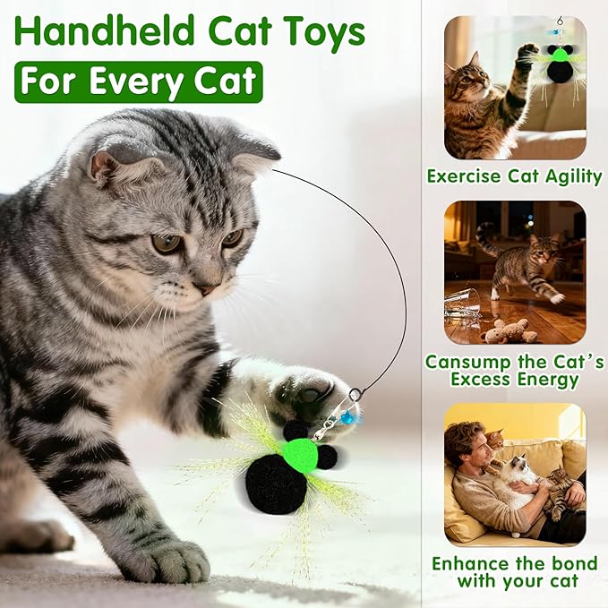 Walfront Interactive Cat Wand Toy with Small Insect Replacement Heads and Bell, Indoor Cat Exercise Toy for Overweight or Inactive Cats, Kittens and Adult Cats, Boosts Activity and Reduces Boredom