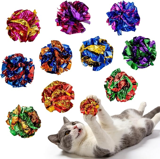 Multicolor Crinkle Balls for Cats – 10 Pcs RAINFLOW Durable Bulk Mylar Cat Crinkle Toy Balls Indoor Cat Toy Ball Stress-Relief for Kittens, Adult Cats, Multi-Cat Homes Indoor Play,Loud & Crunchy