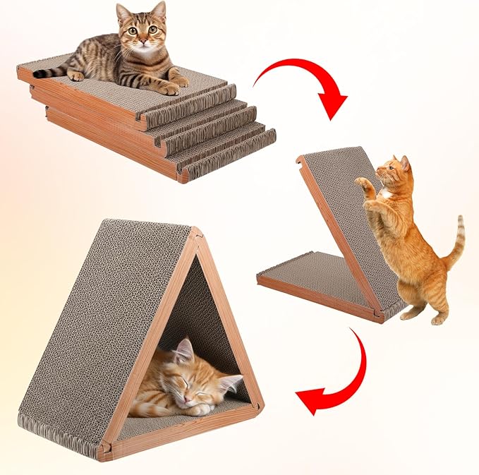 3-Sided Vertical Cat Scratching Post, Cat Scratcher Foldable, Triangle Cats Scratching Board, Multiple Angle Scratch Pad, 6 Usable Sides Recyclable Scratcher Cardboard for Indoor Cats (Pack of 3)