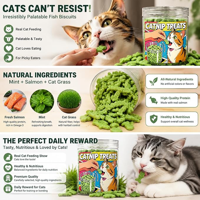 Catnip Cat Treats - Mint Flavor Crunchy Biscuits for Dental Health, Made with Real Fish in a 6oz Resealable Jar